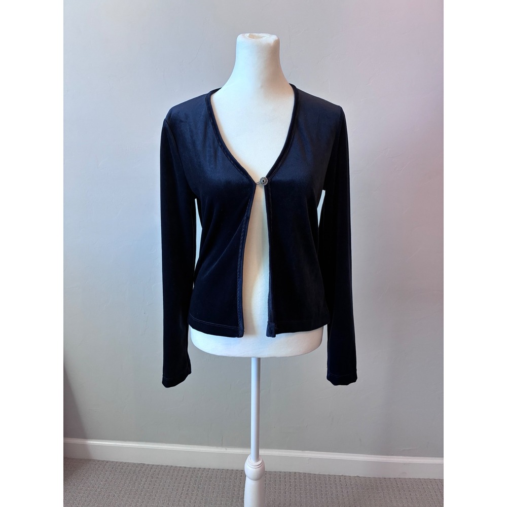 Whimsigoth Grunge Holiday Navy Blue Velvet Single Button Cardigan Top V-Neck M